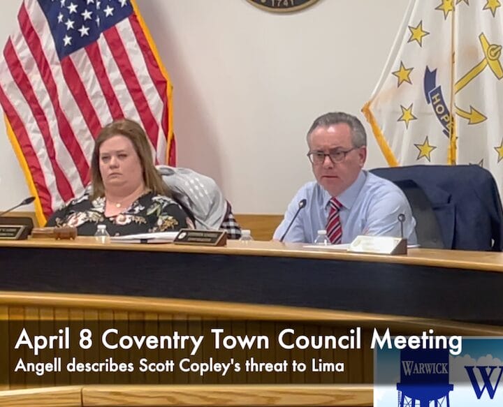 [CREDIT: Rob Borkowski] Solicitor Stephen Angell tells the April 8 Town Council crowd that he reported Councilman Scott Copley's threat to "skull fuck" Council President Hilary Lima.