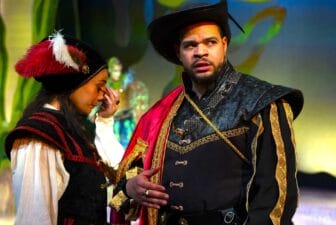 [CREDIT: Susanna Jackson] Alison Russo as Antonio and Rudy Cabrera as Sebastian in Trinity's 'La Tempestad.' 