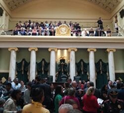[CREDIT: Courtesy Photo] Members of Casino Employees Against Smoking Effects (C.E.A.S.E. RI) and several unions rallied in the State Capitol May 20 supporting a casino smoking ban bill, which has the support of House Speaker Joe Shekarchi.