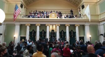 [CREDIT: Courtesy Photo] Members of Casino Employees Against Smoking Effects (C.E.A.S.E. RI) and several unions rallied in the State Capitol May 20 supporting a casino smoking ban bill, which has the support of House Speaker Joe Shekarchi.
