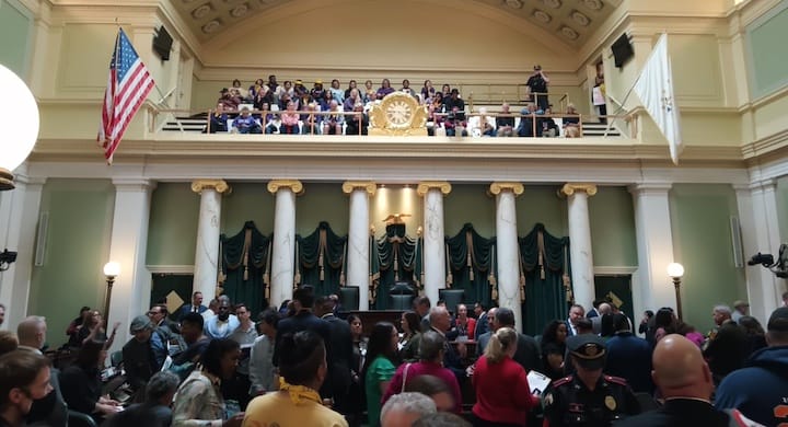 [CREDIT: Courtesy Photo] Members of Casino Employees Against Smoking Effects (C.E.A.S.E. RI) and several unions rallied in the State Capitol May 20 supporting a casino smoking ban bill, which has the support of House Speaker Joe Shekarchi.