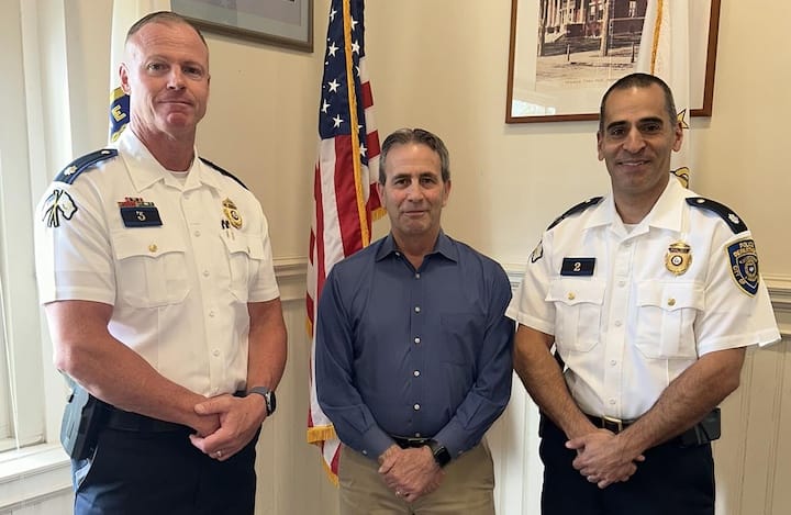 [CREDIT: Mayor's Office] From left, WPD Maj. Andrew Sullivan, Mayor Frank Picozzi and WPD Dep. Chief Commander Michael Lima. Picozzi announced Monday that Lima will be the new WPD chief, and Sullivan will then be promoted to Deputy Chief.