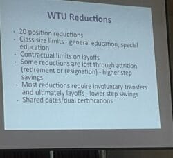 [CREDIT: Rob Borkowski] A list of Warwick Teachers Union related reductions proposed to help meet the Warwick Schools FY26 deficit, including teacher layoffs.