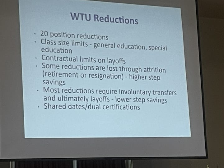 [CREDIT: Rob Borkowski] A list of Warwick Teachers Union related reductions proposed to help meet the Warwick Schools FY26 deficit, including teacher layoffs.