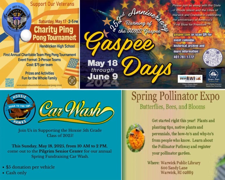 [CREDIT: WP Composite] This week's Warwick Weekend Events include the Gaspee Days kickoff, pollinator expo, ping pong and a charity car wash.