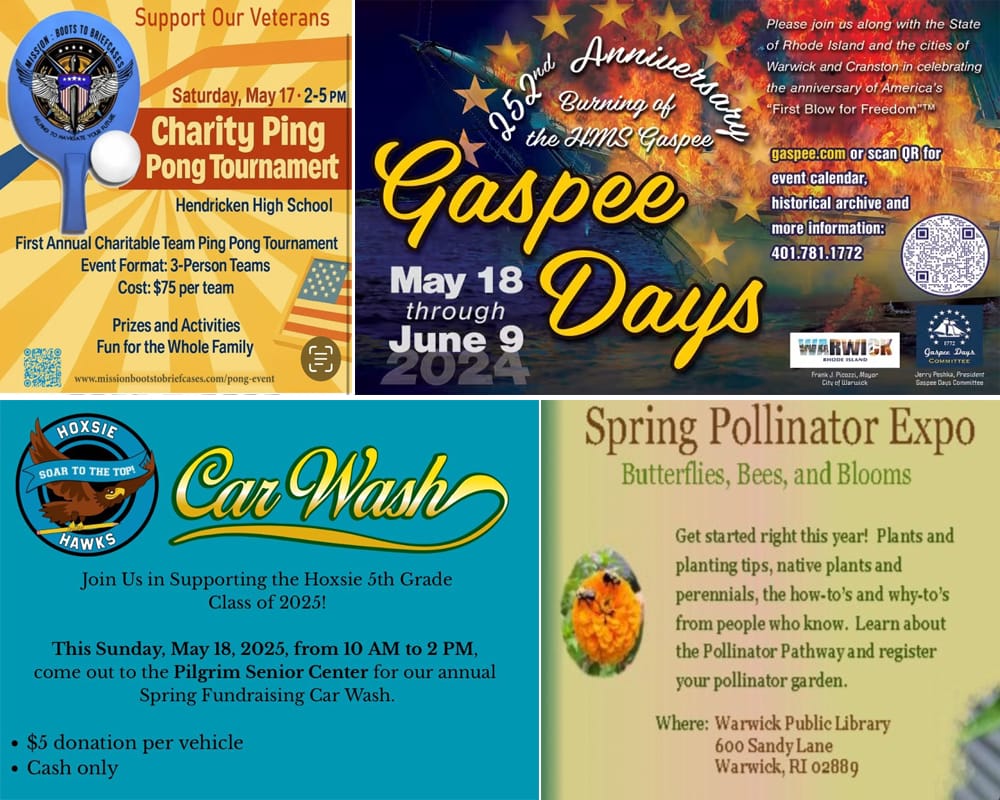 [CREDIT: WP Composite] This week's Warwick Weekend Events include the Gaspee Days kickoff, pollinator expo, ping pong and a charity car wash.