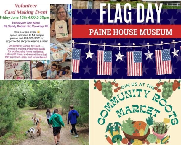 [Credit: WP Composite] This week’s Coventry Community Events in Coventry, RI include a Flag Day ceremony, a volunteer card making event, a farmers market, and goats.