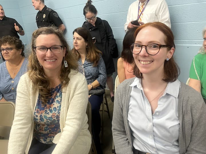[CREDIT: Rob Borkowski] From left, Coventry Public Library Assistant Director Jessica Coppa and Lauren Walker, Coventry Public Library director, during the ground breaking ceremony for the Coventry Community Learning Center at the Town Hall Annex Tuesday morning.