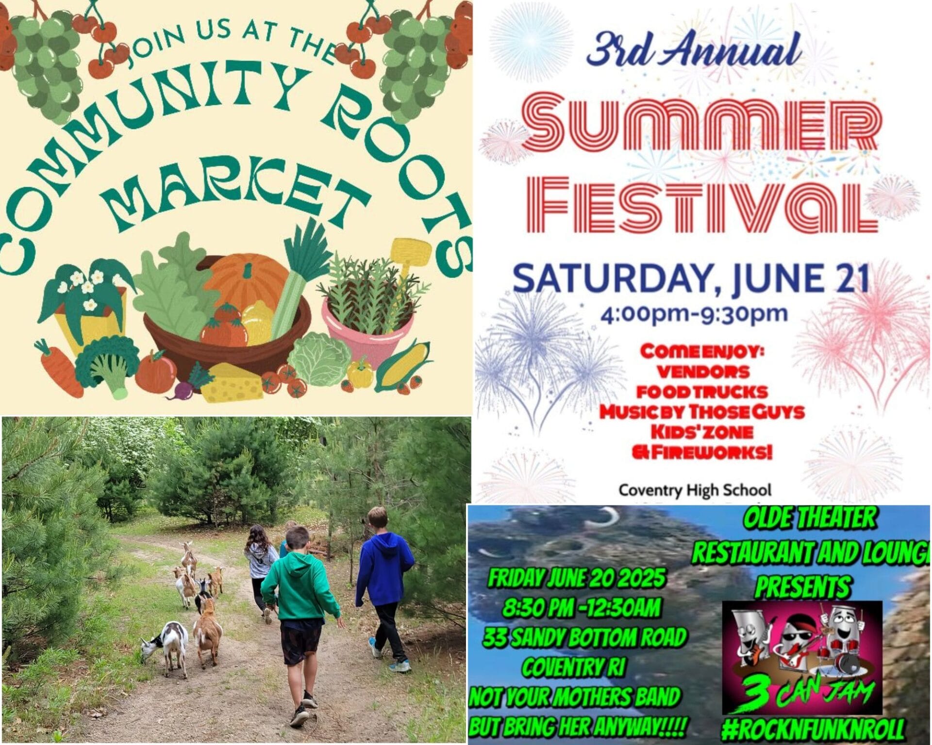 [Credit: WP Composite] This week’s Coventry Community Events in Coventry, RI include the Annual Summer Festival, a farmers market, music, and several goat events.
