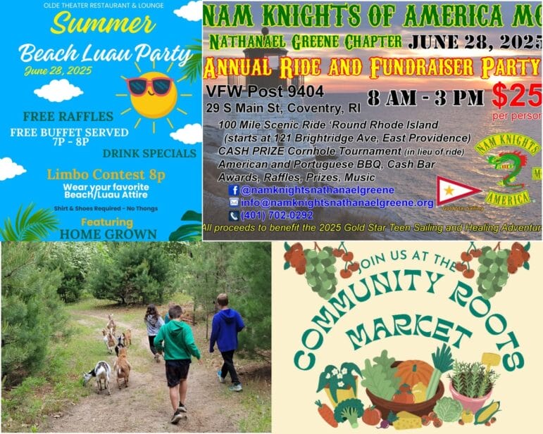 [Credit: WP Composite] This week’s Coventry Community Events in Coventry, RI include a Summer Luau party, a fundraiser motorcycle event, a farmers market, and several goat events.