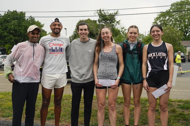 [CREDIT:The first, second and third place runners in both the men's and women's divisions pose for a group photo as they accept their awards after the June 14 Gaspee Days 5k.From left, Gilmar Silvestre 14:20.0, Bronson Venable 14:23.2, Jack McMahon 14:28.0, Rachel Schilkowsky 16:10.4, Lilly Tuck 16:27.0, Abbey Wheeler 17:07.5