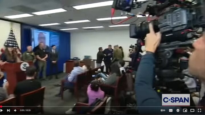 [CREDIT: CSPAN] U.S. Sen U.S. Alex Padilla (D-CA) was forcibly removed from a DHS press conference in Los Angeles, CA after trying to ask Homeland Security Secretary Kristi Noem a question.