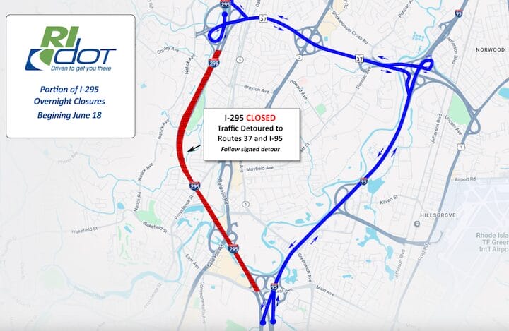 [CREDIT: RIDOT] Suggested detours during scheduled Rte. 295 exit closures.