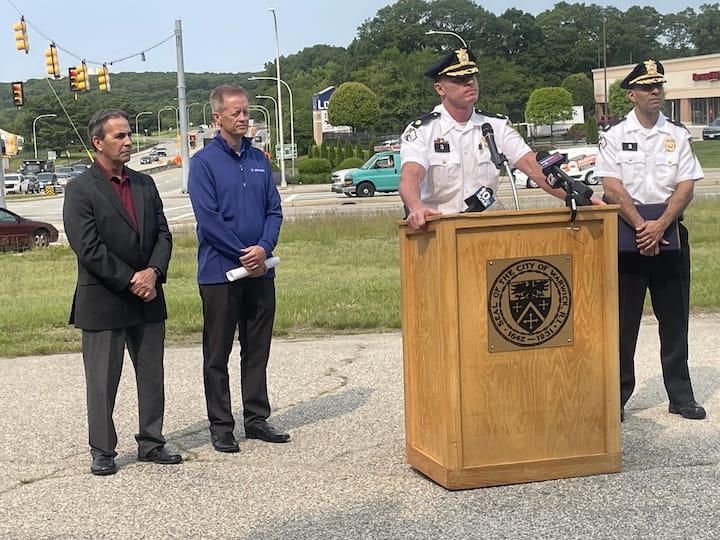 [CREDIT: Rob Borkowski] L-R: Mayor Picozzi,Jason Norton, SVP, Altumint, WPD Maj. Andrew Sullivan and WPD Dep. Chief Lima announce the city's new red light cameras program.