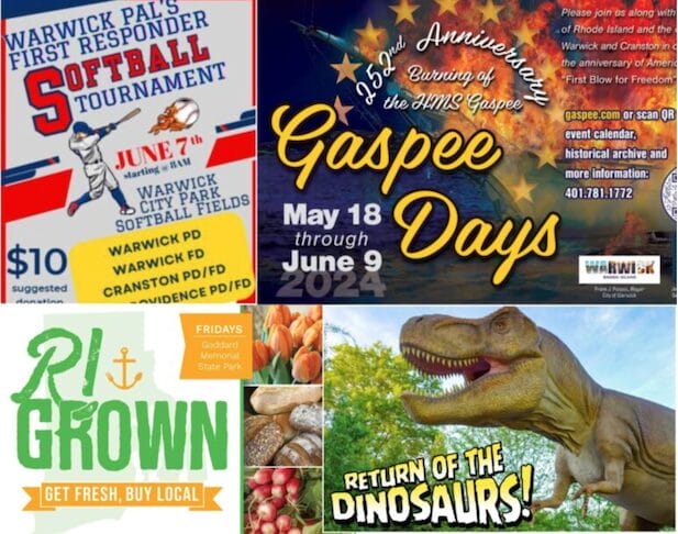 [Credit: WP Composite] This week’s Warwick Weekend Events include Gaspee Days symphony and fireworks, a softball tournament, farmers markets, and dinos.