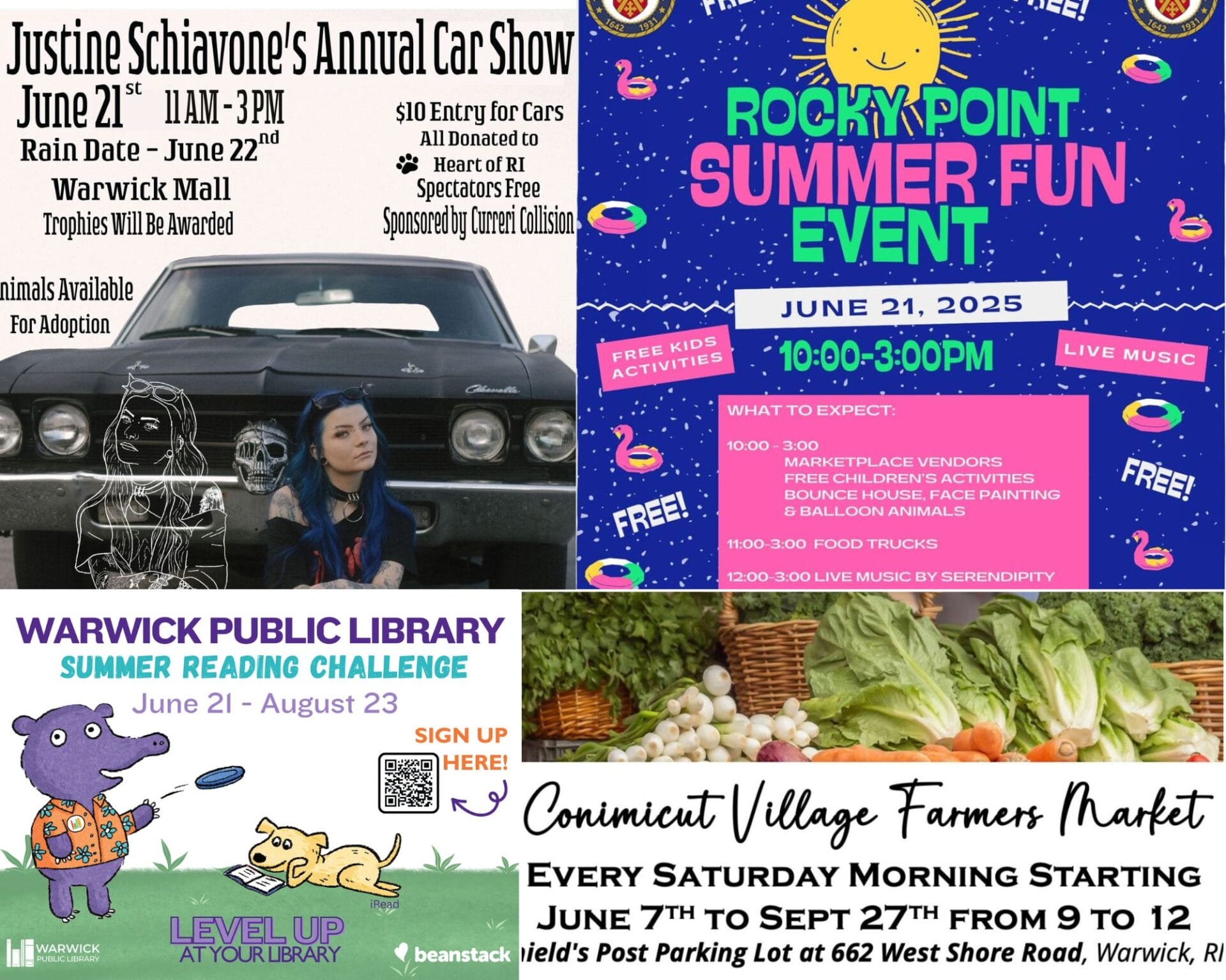 [Credit: WP Composite] This week’s Warwick Weekend Events include a fundraiser car show, a Summer Fun Event at Rocky Point, Kick-Off of Summer Reading at the Library, and several farmers markets.
