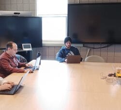 [CREDIT: CCRI] The CCRI cybersecurity team during a recent practice meeting. From left are Caleb Car, Zachary Hartmann, Corey Davis and Maria Monteiro.