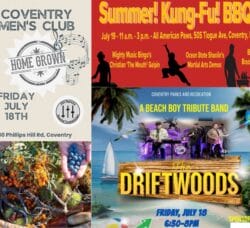 [Credit: WP Composite] This week’s Coventry Community Events in Coventry, RI include a Summer Kung Fu BBQ, a workshop event at Nathanael Greene Homestead, and several live music opportunities, including the continuation of Coventry’s Parks and Recreation’s Free Summer Entertainment Series.