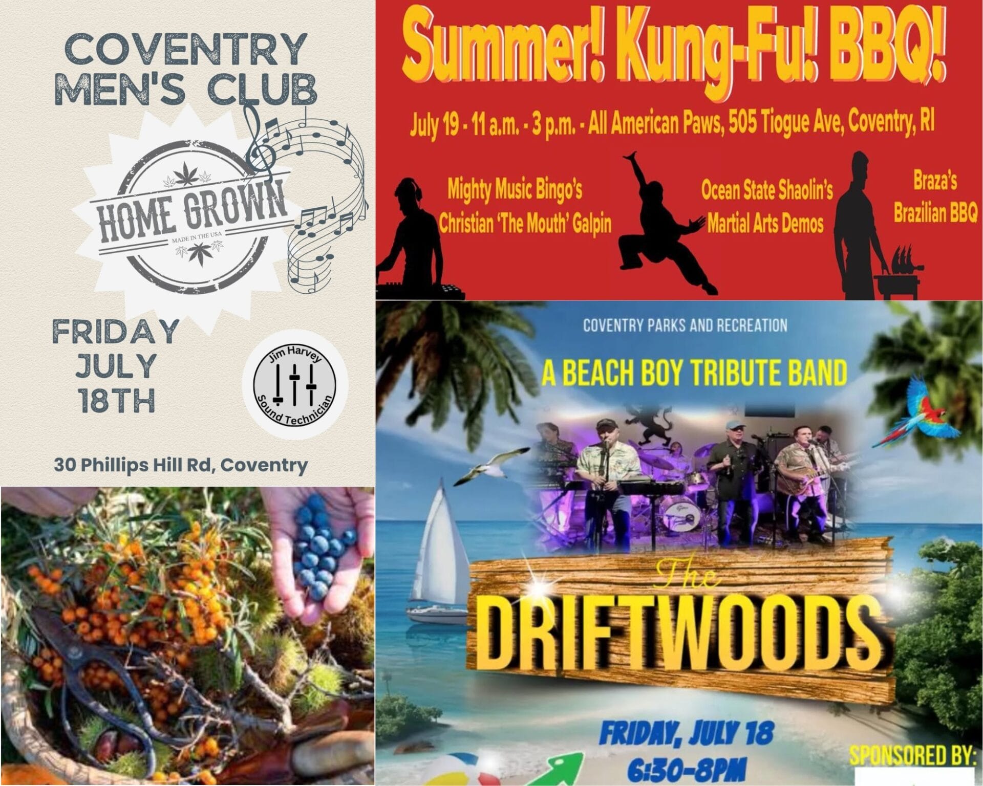 [Credit: WP Composite] This week’s Coventry Community Events in Coventry, RI include a Summer Kung Fu BBQ, a workshop event at Nathanael Greene Homestead, and several live music opportunities, including the continuation of Coventry’s Parks and Recreation’s Free Summer Entertainment Series.