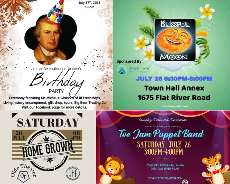 [Credit: WP Composite] This week’s Coventry Community Events in Coventry, RI include Nathanael Greene’s Birthday Celebration, a farmers market, and several live music opportunities, including the continuation of Coventry Parks and Recreation’s Free Summer Entertainment Series.