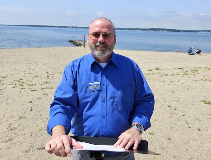 [CREDIT] Rex Wilmouth, State Director of the Environment Rhode Island Research & Policy Center, at Oakland Beach Friday to speak about infrastructure needed to prevent rising RI beach bacteria health risks.