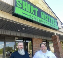 [CREDIT: Rob Borkowski] Shirtz Happenz at 45 Nooseneck Hill Road Unit 16, West Greenwich. From left, owners Robb Harrington and Pete Vellucci,
