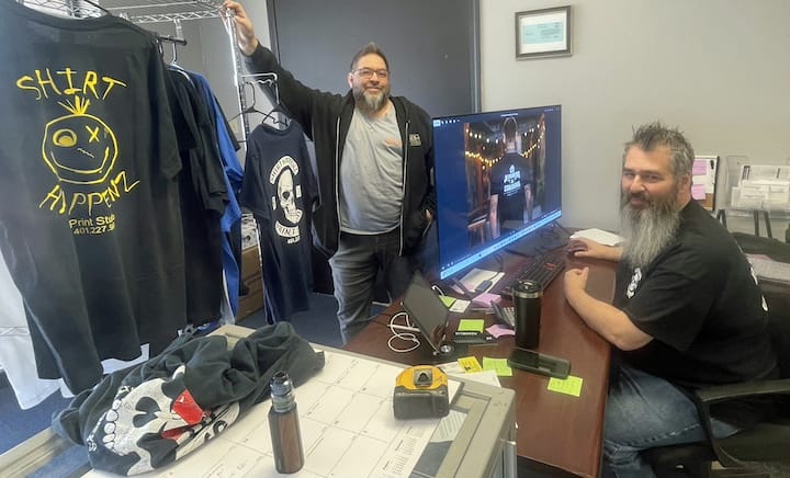 [CREDIT: Rob Borkowski] Shirtz Happenz screen print at 45 Nooseneck Hill Road Unit 16, West Greenwich. From left, owners Pete Vellucci and Robb Harrington.