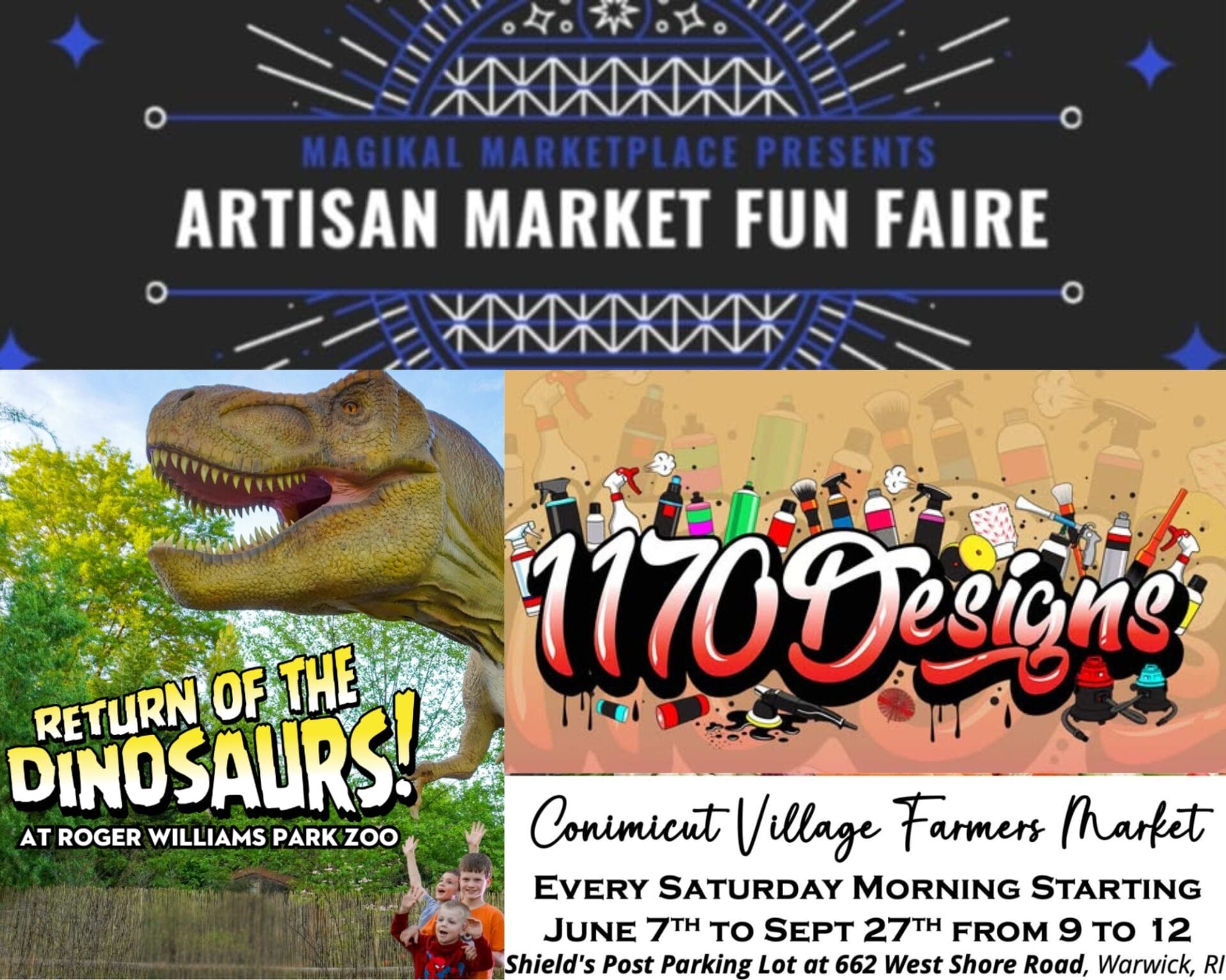 [Credit: WP Composite] This week’s Warwick Weekend Events include an artisan faire, cars and coffee, and the usual farmers markets and dinos.