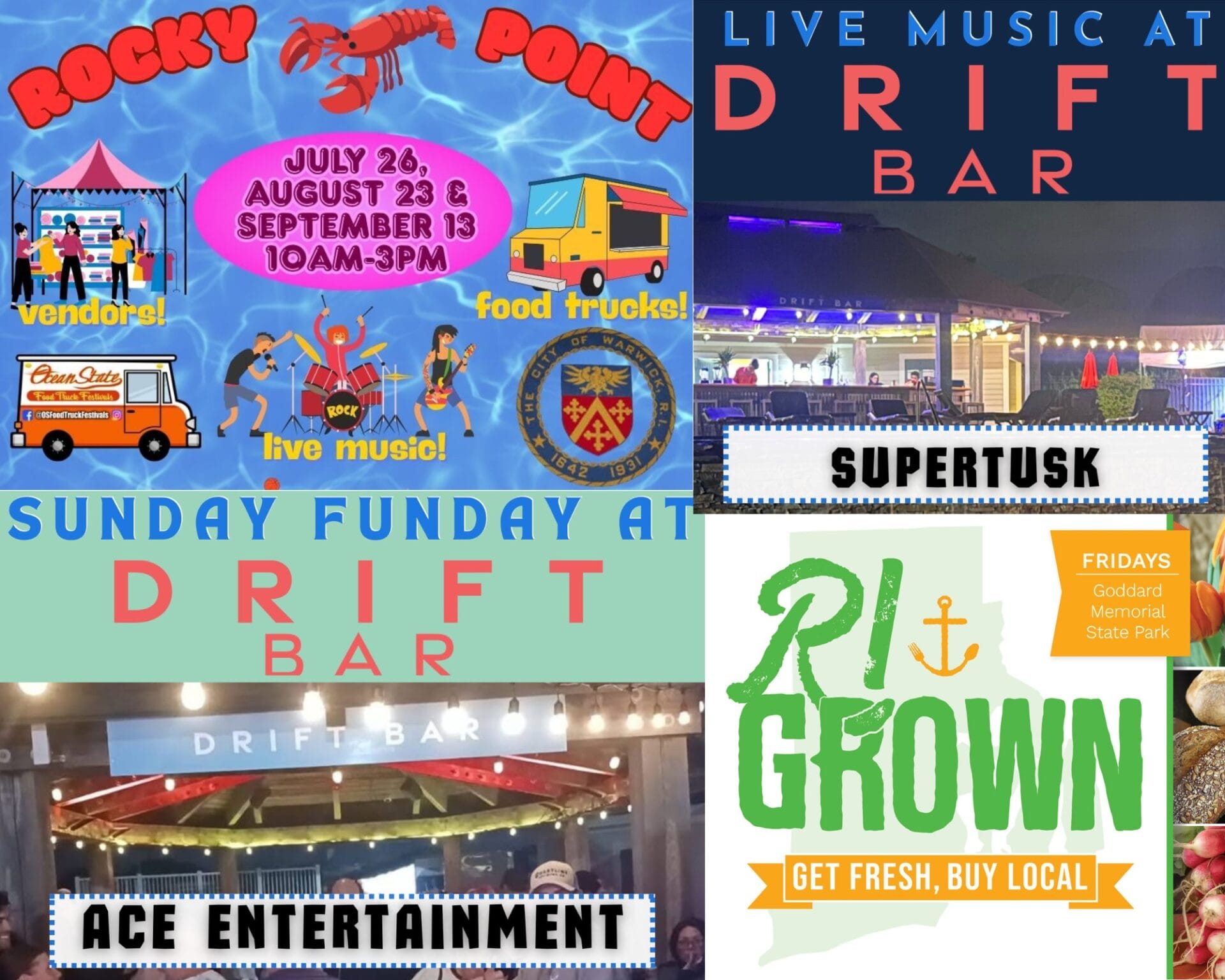 [Credit: WP Composite] This week’s Warwick Weekend Events include Summer Fun at Rocky Point and two fun events at Drift Bar, as well as the usual farmers markets and Food Truck Friday.