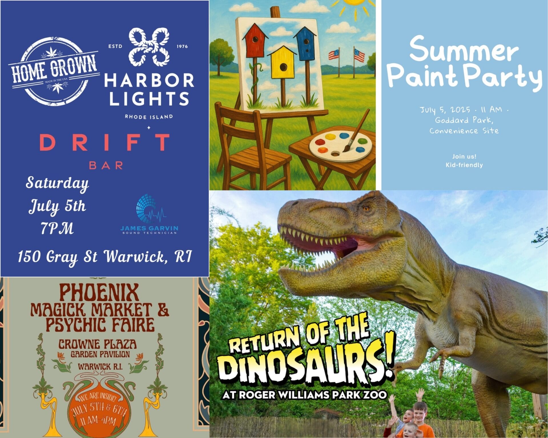 [Credit: WP Composite] This week’s Warwick Weekend Events include live music, a summer painting party, a magic faire, and dinos.