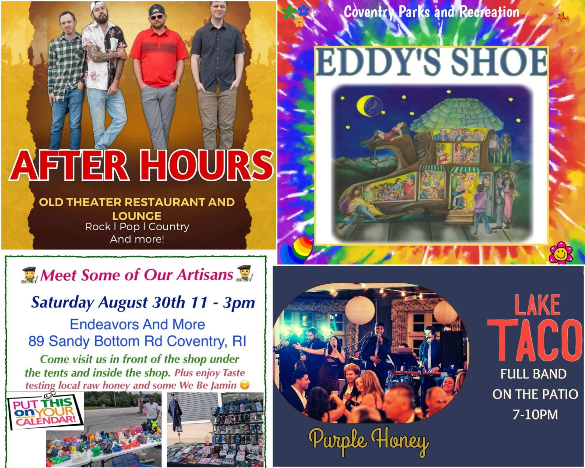 [Credit: WP Composite] This week’s Coventry Community Events in Coventry, RI include live music at both Olde Theater Restaurant and Lake Taco, a local artisans meet up, and the continuation of the Free Summer Entertainment Series.