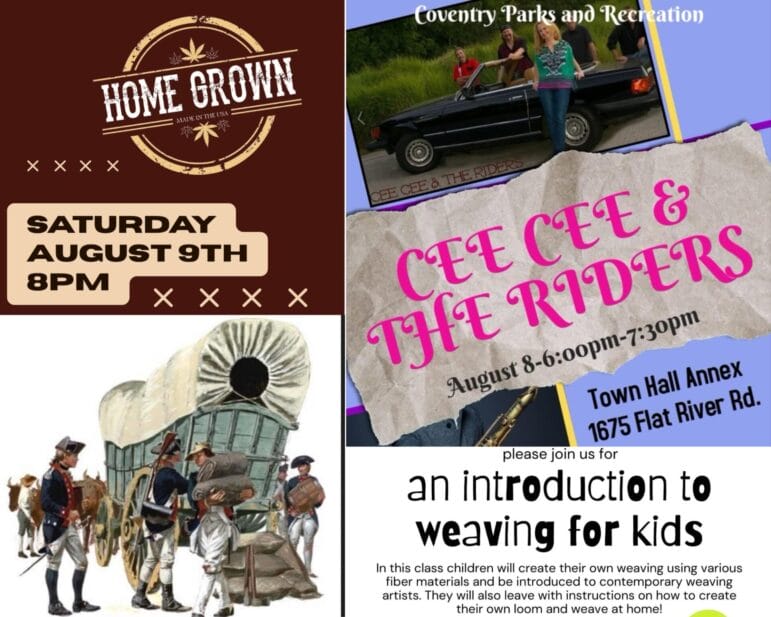 [Credit: WP Composite] This week’s Coventry Community Events in Coventry, RI include kid’s introduction to weaving, a Nathanael Greene Homestead workshop, and several live music opportunities, including the continuation of the Free Summer Entertainment Series.