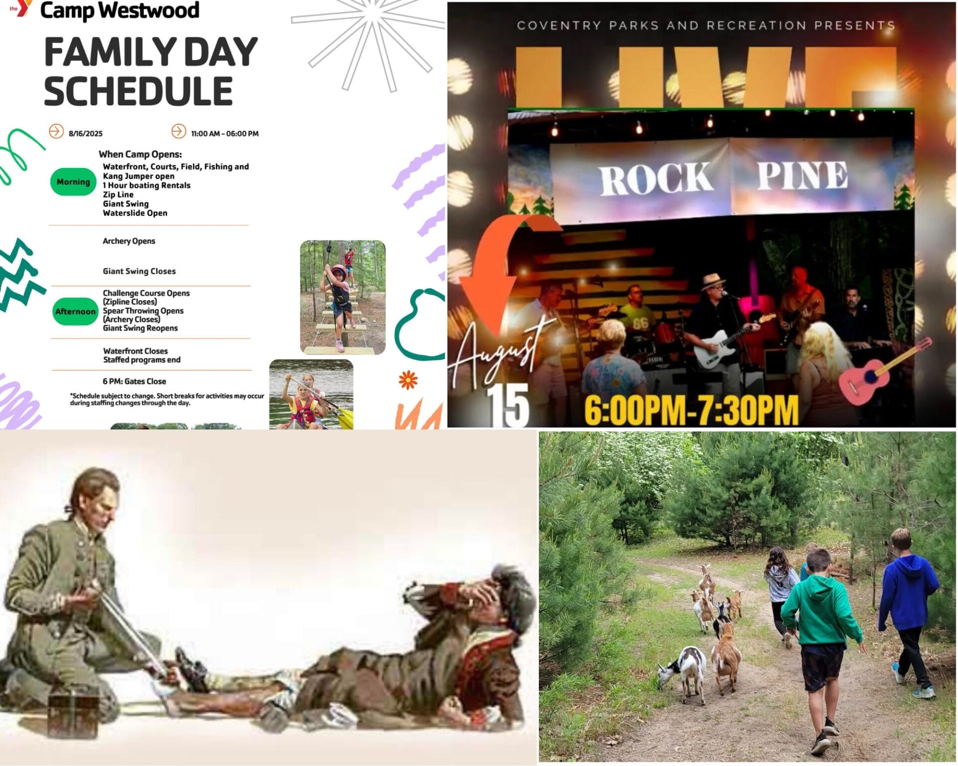 [Credit: WP Composite] This week’s Coventry Community Events in Coventry, RI include Family Day at Camp Westwood, the continuation of the Free Summer Entertainment Series, and a workshop at Spell Hall, along with the usual goat events.