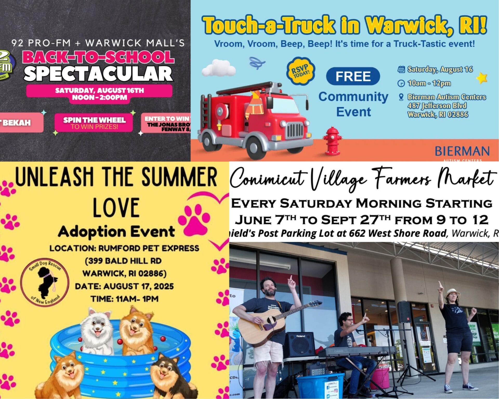 [Credit: WP Composite] This week’s Warwick Weekend Events include two dog adoption opportunities, a Touch-a-Truck event, a Back-to-School Spectacular, and a fun children’s concert.