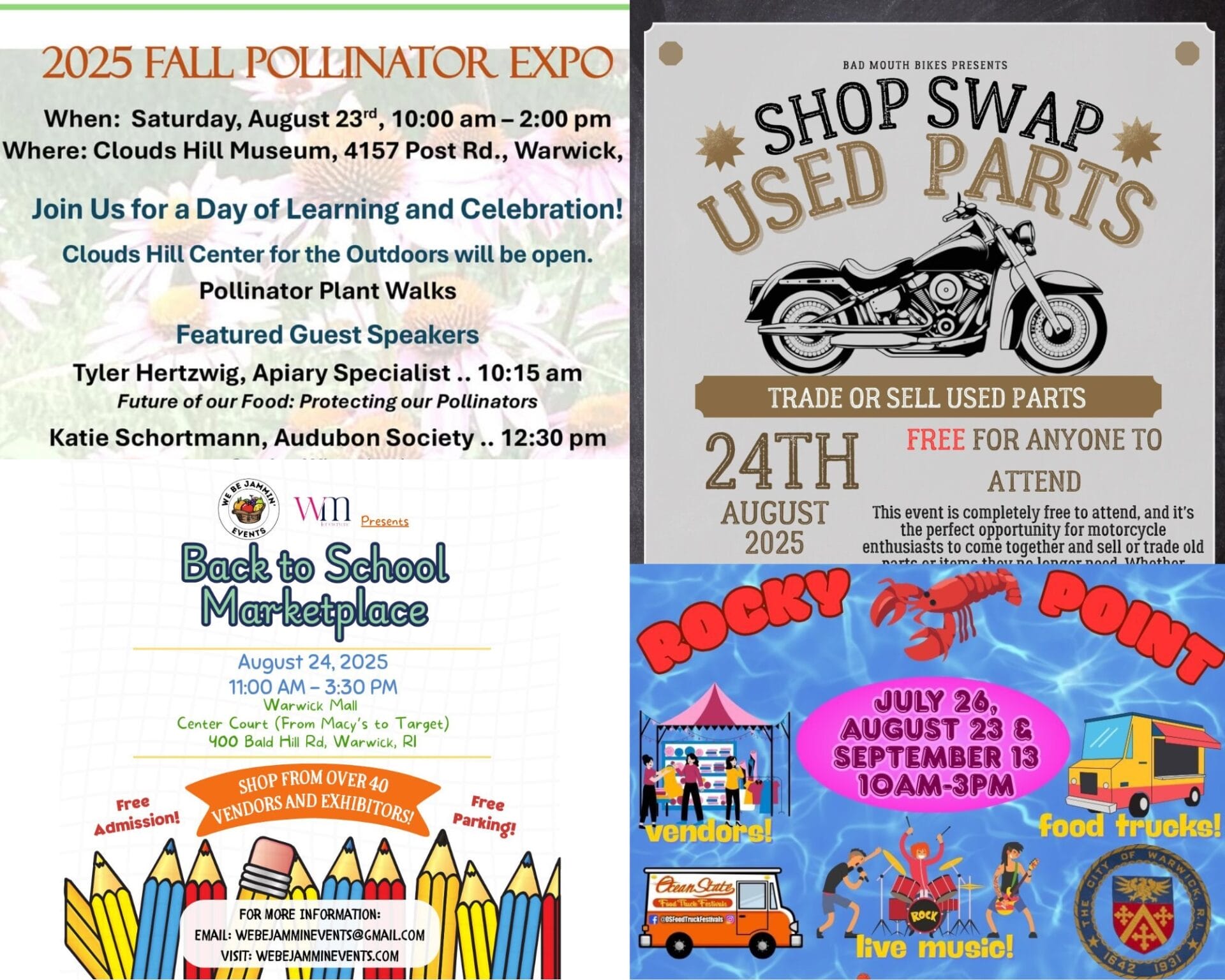 [Credit: WP Composite] This week’s Warwick Weekend Events include a pollinator expo, a biker swap meet, a back-to-school market, and a summer fun event at Rocky Point.