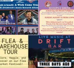 [Credit: WP Composite] This week’s Warwick Weekend Events include a flea market, Scoops & Sirens at Apponaug Village Creamery, and several live music events, including two music opportunities at Drift Bar.