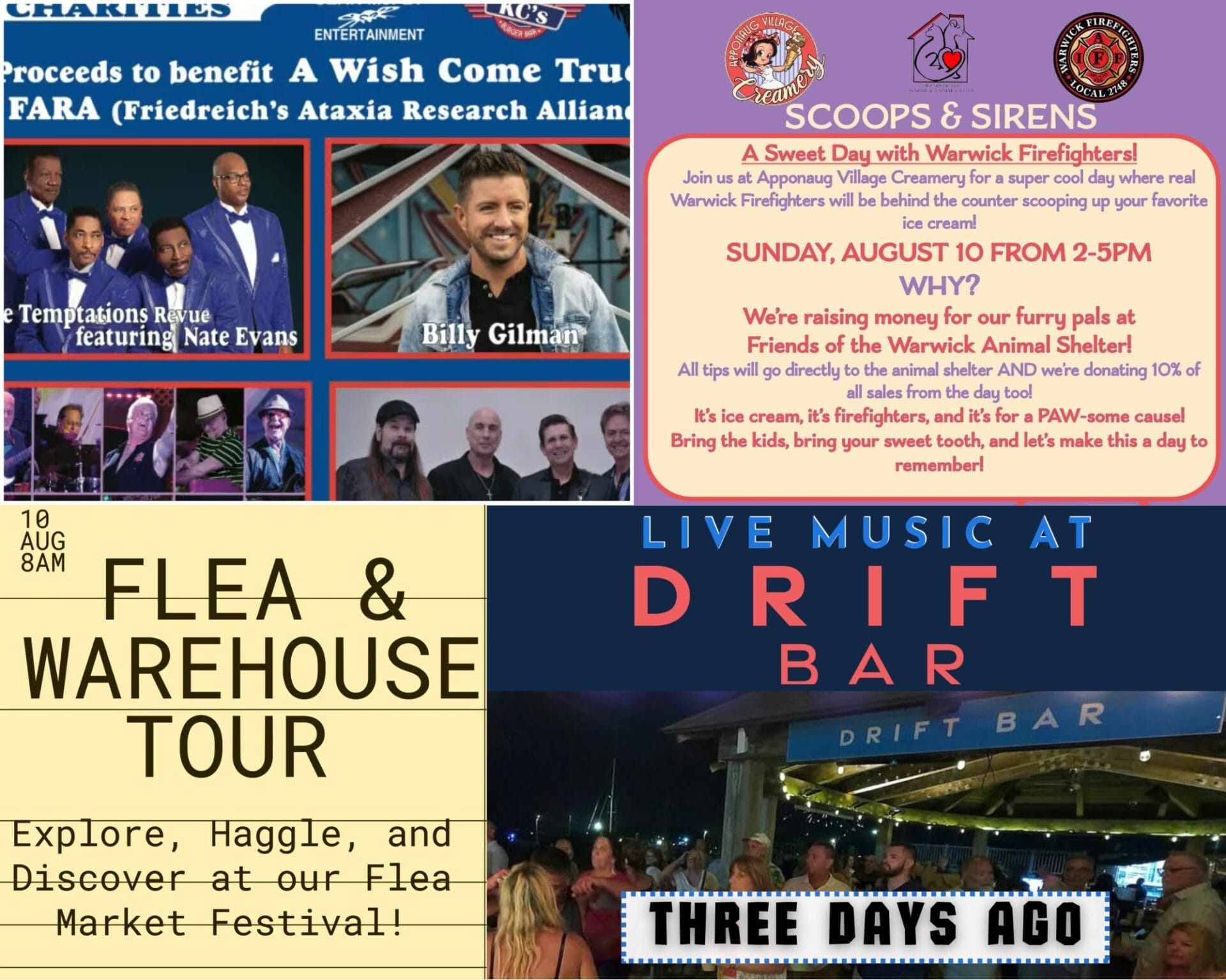 [Credit: WP Composite] This week’s Warwick Weekend Events include a flea market, Scoops & Sirens at Apponaug Village Creamery, and several live music events, including two music opportunities at Drift Bar.