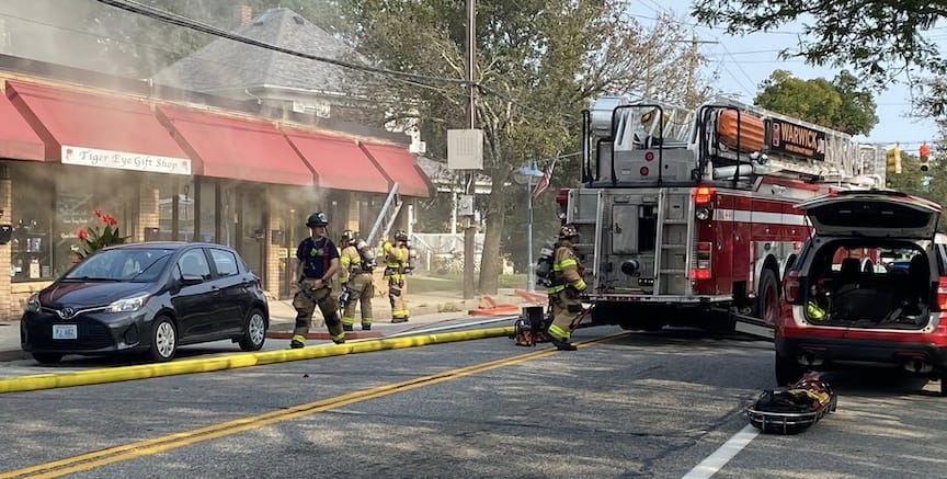 [CREDIT: Mayor Frank Picozzi] Warwick Firefighters responded to a Conimicut fire Saturday, Sept. 6 that razed Tiger Eye Gift Shop and seriously damaged Kent Electric. There were no serious injuries reported.