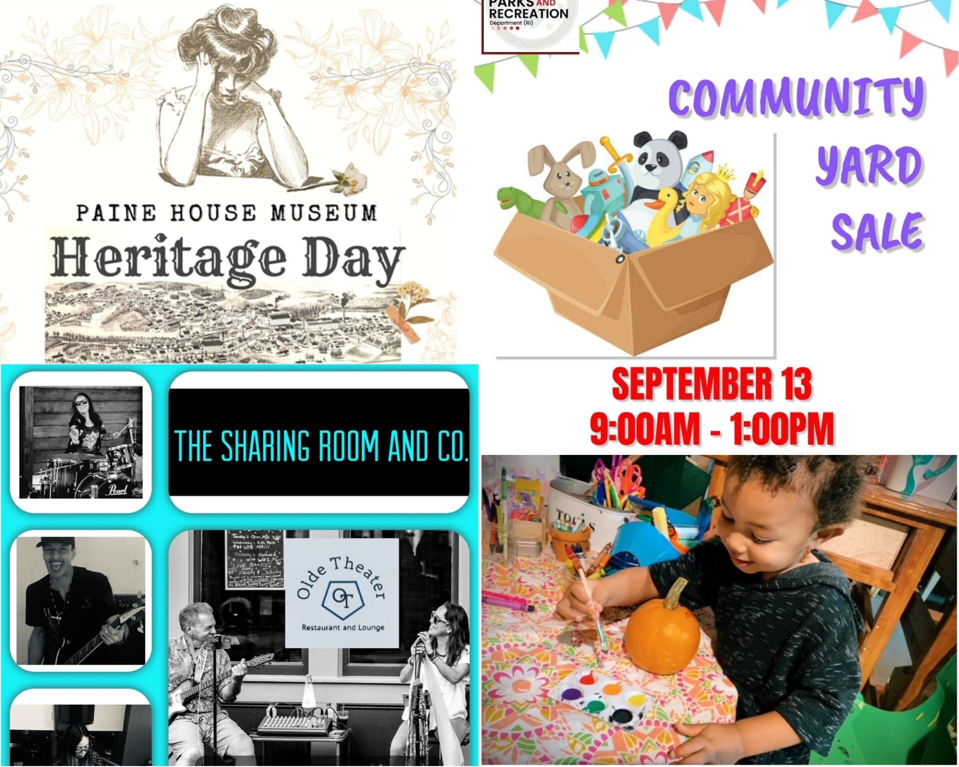 [Credit: WP Composite] This week’s Coventry Community Events in Coventry, RI include Heritage Day at Paine House Museum, a community yard sale, pumpkin painting, and several live music opportunities.