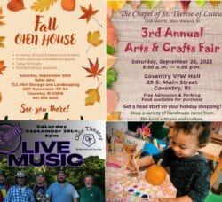[Credit: WP Composite] This week’s Coventry Community Events in Coventry, RI include a fall open house, a fall arts and crafts fair, Home Grown at OTD, and pumpking painting at Fairview Gardens.