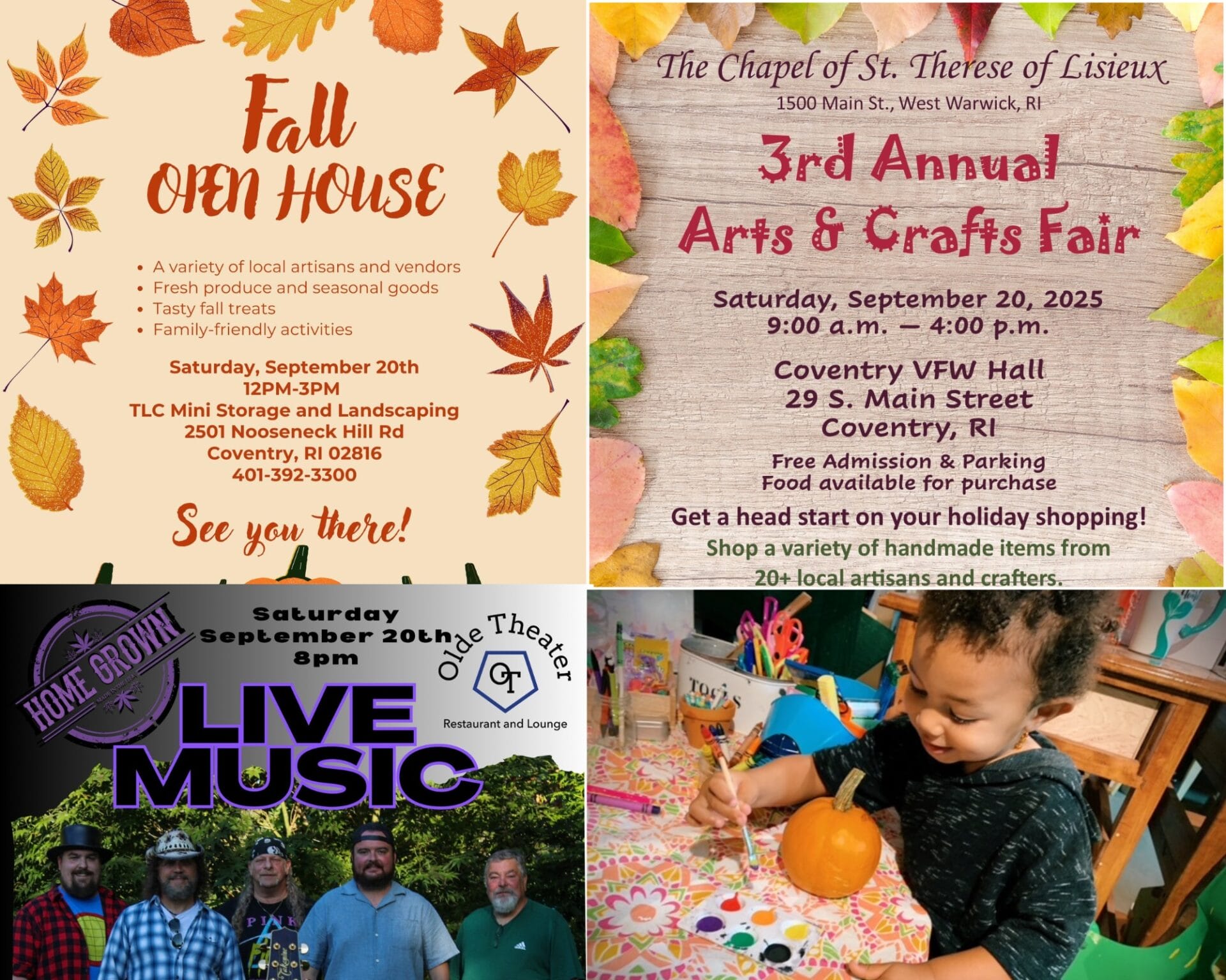 [Credit: WP Composite] This week’s Coventry Community Events in Coventry, RI include a fall open house, a fall arts and crafts fair, Home Grown at OTD, and pumpking painting at Fairview Gardens.