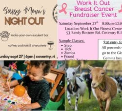 [Credit: WP Composite] This week’s Coventry Community Events in Coventry, RI include a fun night out for moms, a breast cancer fitness fundraiser, pumpkin painting, and the usual goat events.