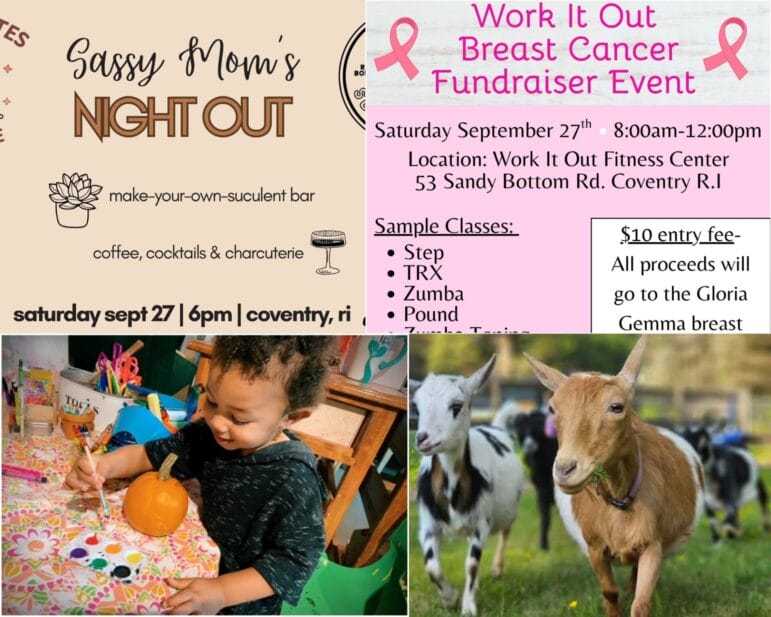 [Credit: WP Composite] This week’s Coventry Community Events in Coventry, RI include a fun night out for moms, a breast cancer fitness fundraiser, pumpkin painting, and the usual goat events.