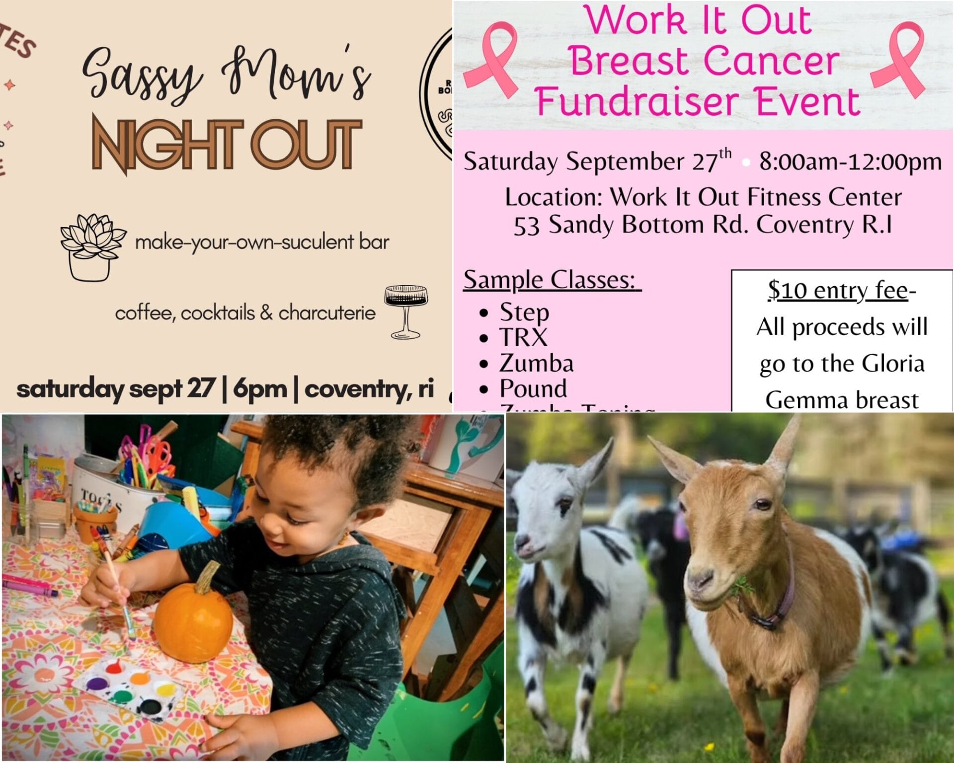 [Credit: WP Composite] This week’s Coventry Community Events in Coventry, RI include a fun night out for moms, a breast cancer fitness fundraiser, pumpkin painting, and the usual goat events.