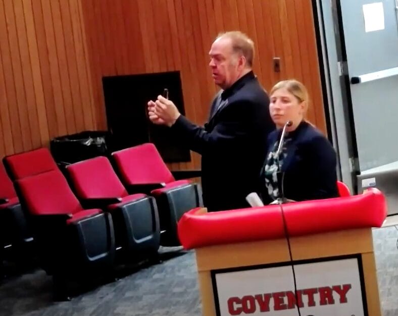 Kevin Williams, a planner handling Land Use and Environmental Planning for GZA Environmental consultants, and his colleague, Sarah Sklar, project manager for the plan with GZA, during the Johnson’s Pond Redevelopment Area and Public Use Determination Community Workshop Thursday at CHS.
