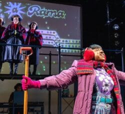 [CREDIT Lauren Miller] Hannah Spacone, Alison Russo, and Anna Slate (background) as The Choir in Trinity's 'Cold War Choir Practice,' Emily Turtle (below, on keyboard) as Choir Leader, and Lucia Aremu (foreground) as Meek