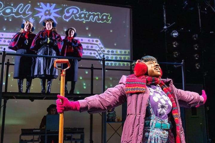 [CREDIT Lauren Miller] Hannah Spacone, Alison Russo, and Anna Slate (background) as The Choir in Trinity's 'Cold War Choir Practice,' Emily Turtle (below, on keyboard) as Choir Leader, and Lucia Aremu (foreground) as Meek