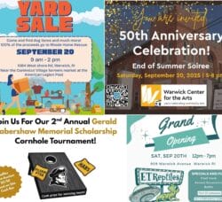 [Credit: WP Composite] This week’s Warwick Weekend Events include the RHR Yard Sale, the WCFA End of Summer Soiree, a fundraiser cornhole tournament, and ET Reptiles grand opneing.