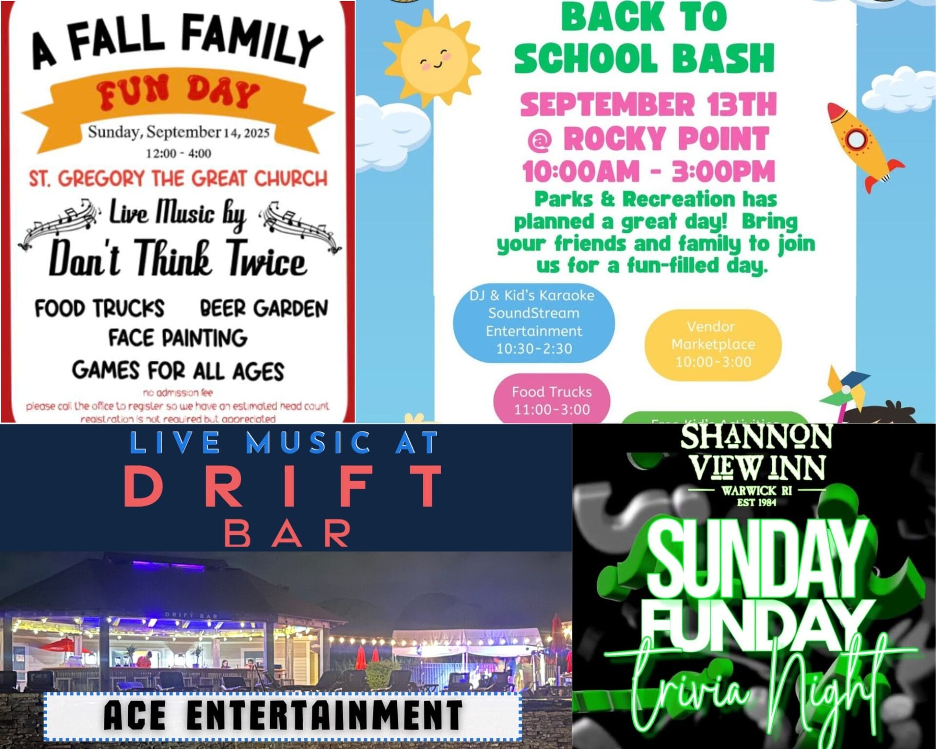 [Credit: WP Composite] This week’s Warwick Weekend Events include Fall Family Fun Day, a Back to School Bash at Rocky Point, trivia night, and Decade Night at Drift Bar.