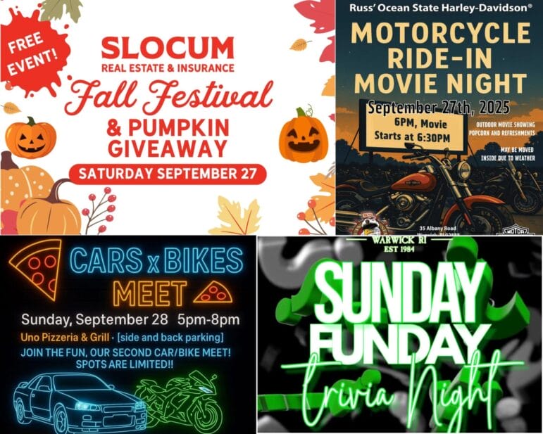[Credit: WP Composite] This week’s Warwick Weekend Events a fall festival, a motorcycle ride-in movie night, a car and bike meet, and the usual Sunday night trivia.